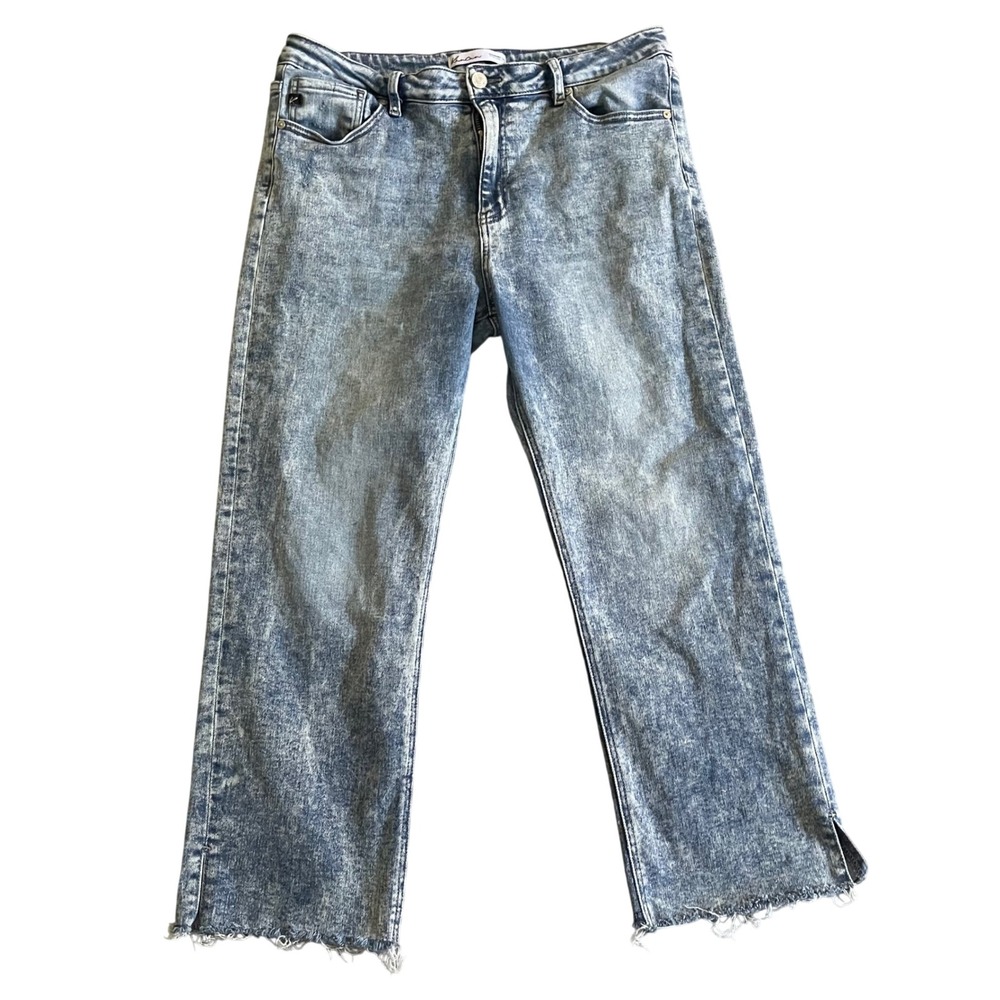 KanCan Jeans Women 31 Blue Acid Wash Straight Leg Raw Hem Side Slit Boho 90s